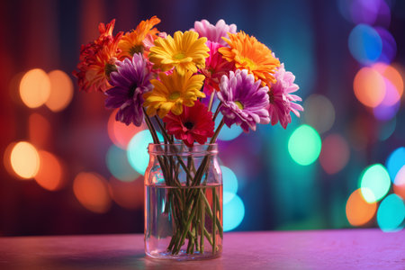 A vibrant bouquet of flowers is arranged in a clear glass vase filled with water. Soft colorful lights create a cheerful atmosphere in the background.の素材