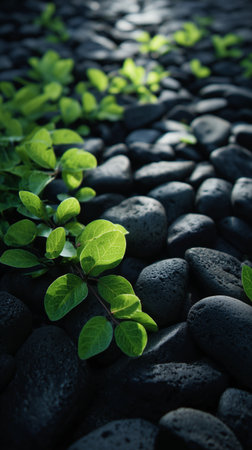 Lush green leaves emerge from dark stones, creating a contrast that highlights the beauty of nature. This peaceful scene invites tranquility and reflection.の素材