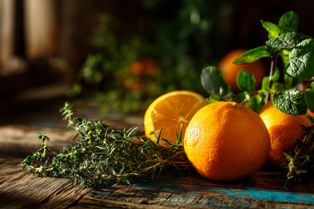 A bunch of ripe oranges sits alongside vibrant green mint leaves on a rustic wooden table during sunset, creating a warm and inviting scene.の素材
