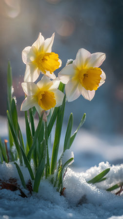 Three vibrant daffodils with white petals and yellow centers emerge from a snowy patch under gentle sunlight, signaling the arrival of spring in a tranquil outdoor setting.の素材