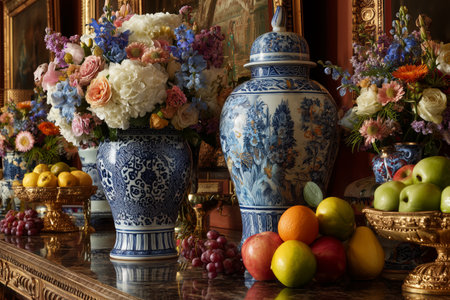 Beautiful flower arrangements are placed in decorative vases on an ornate table, surrounded by various fresh fruits in a warm and inviting setting.の素材