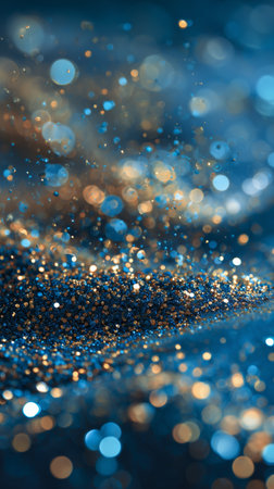 Colorful particles of blue and gold create a sparkling effect, capturing light in a captivating scene that showcases movement and depth.の素材