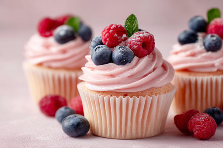 Three tasty cupcakes are decorated with light pink frosting, topped with fresh raspberries and blueberries, capturing a festive and sweet atmosphere.の素材