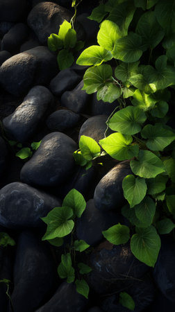 Lush green leaves emerge from dark stones, creating a contrast that highlights the beauty of nature. This peaceful scene invites tranquility and reflection.の素材