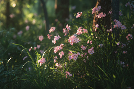 In a tranquil forest during golden hour, clusters of delicate pink flowers create a picturesque scene among tall trees, bathed in soft, warm light.の素材