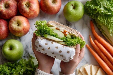 Hands hold a sandwich made with fresh lettuce and star-patterned paper, surrounded by apples, carrots, and cheese on a kitchen table filled with ingredients.の素材