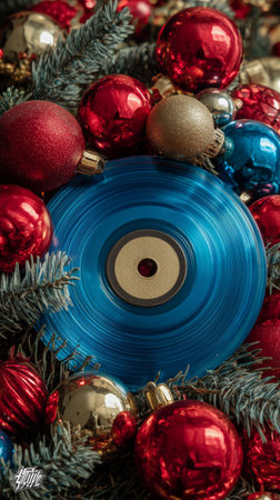 A blue vinyl record is placed at the center, surrounded by bright red, gold, and blue ornaments. Evergreen branches add a festive touch, creating a cheerful holiday scene.の素材