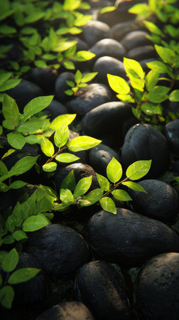 Fresh green leaves emerge from smooth dark stones in a tranquil outdoor area, illuminated by soft sunlight, showing a vibrant and peaceful landscape.の素材
