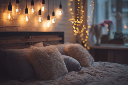 Soft golden light fills the cozy bedroom, illuminating plush pillows and creating a warm, inviting space perfect for relaxation. The decor features string lights enhancing the ambiance.の素材