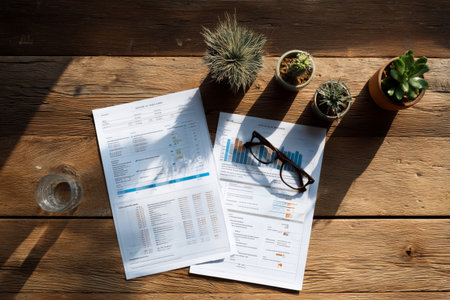 A clean wooden table displays charts and documents under sunlight. Two small potted plants and a glass of water complete the cozy workspace setting.の素材