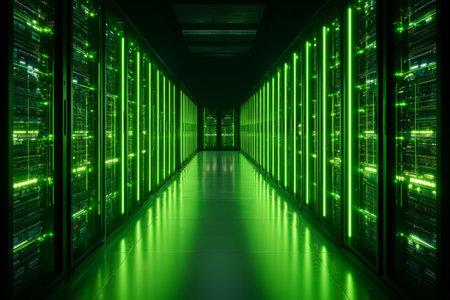 A modern data center corridor features rows of glowing green lights along the floor, with tall server racks on either side.の素材