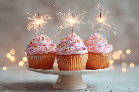 Three vibrant cupcakes topped with pink frosting and colorful sprinkles glow with sparkling candles, creating a joyful atmosphere perfect for a celebration.の素材