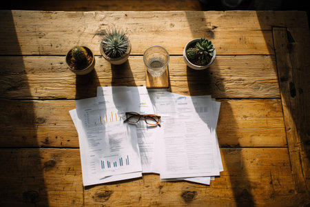 A clean wooden table displays charts and documents under sunlight. Two small potted plants and a glass of water complete the cozy workspace setting.の素材