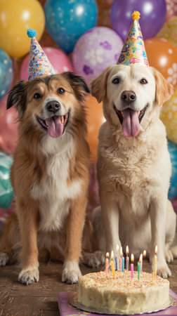 Two cheerful dogs wear party hats and sit next to a birthday cake with candles. Colorful balloons create a festive background, making this a joyful moment in a home celebration.の素材