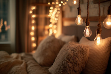 Soft golden light fills the cozy bedroom, illuminating plush pillows and creating a warm, inviting space perfect for relaxation. The decor features string lights enhancing the ambiance.の素材