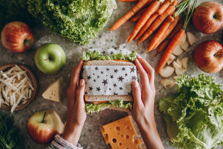 Hands hold a sandwich made with fresh lettuce and star-patterned paper, surrounded by apples, carrots, and cheese on a kitchen table filled with ingredients.の素材
