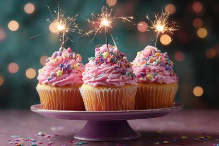 Three vibrant cupcakes topped with pink frosting and colorful sprinkles glow with sparkling candles, creating a joyful atmosphere perfect for a celebration.の素材