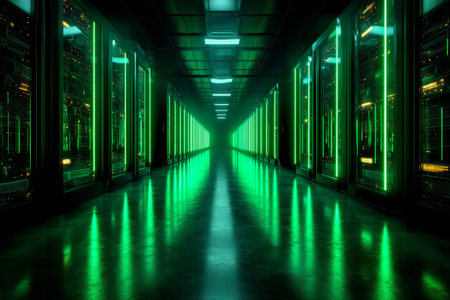 A modern server room features tall racks filled with technology, illuminated by vibrant green lights. The floor reflects the glow, creating a high-tech atmosphere.の素材