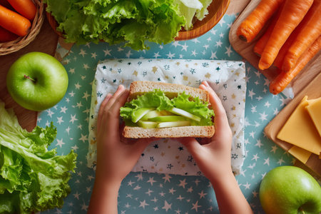 Hands wrap a vegetable sandwich in patterned paper. Surrounding fresh produce includes apples, celery, carrots, and lettuce on a light surface, creating a vibrant scene.の素材