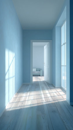 A spacious blue room features tall windows casting gentle shadows across the polished wooden floor. The afternoon sun lights the atmosphere, creating a calm setting.の素材