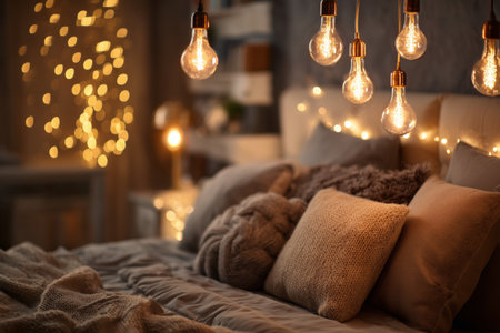 A cozy bedroom features soft bedding and warm light bulbs hanging above. Twinkling lights add a calm glow. The space is inviting and perfect for relaxation at any time.の素材