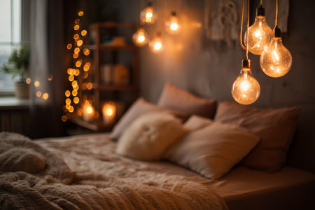 A cozy bedroom features soft bedding and warm light bulbs hanging above. Twinkling lights add a calm glow. The space is inviting and perfect for relaxation at any time.の素材