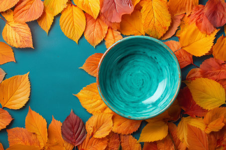 Bright orange, yellow, and red leaves are spread across a vibrant blue wooden background, showing the beauty of autumn. The arrangement highlights seasonal colors and textures.の素材