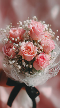 A hand holds a lovely bouquet filled with pink roses and white babys breath. The flowers are wrapped in lace and set against a soft pink backdrop, creating a charming display.の素材