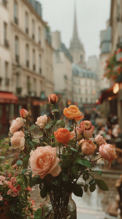 A vibrant display of pink and yellow roses enhances a narrow street in Paris. The historic buildings and a church tower create a charming backdrop on a cloudy day.の素材