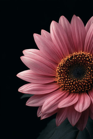A vibrant pink sunflower displays its large, textured petals and intricate center on a dark background, showing natures beauty and detail in a striking composition.の素材