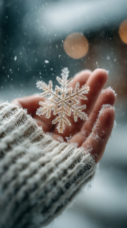 A hand wearing a cozy sweater holds a delicate snowflake, surrounded by falling snow. Soft lights blur in the background, creating a serene winter scene.の素材