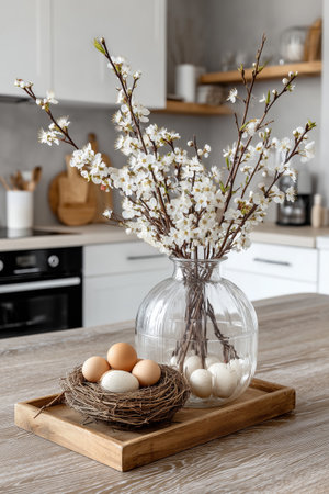Beautiful spring decor features cherry blossom branches in a glass vase alongside decorative eggs on a wooden tray in a modern kitchen, creating a fresh and inviting atmosphere.の素材