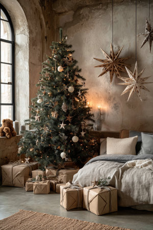 The living room displays a beautifully decorated Christmas tree, surrounded by wrapped gifts. Natural light filters through the window, enhancing the festive ambiance.の素材