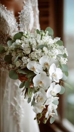 A bride stands near a window, gracefully holding a stunning bouquet filled with white orchids and delicate flowers. The warm lighting creates a romantic atmosphere during the wedding.の素材