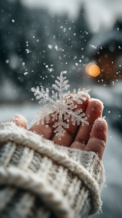 A person gently holds a unique snowflake in their hand while snow falls around them. The scene is serene, with a soft focus on a winter landscape in the background.の素材