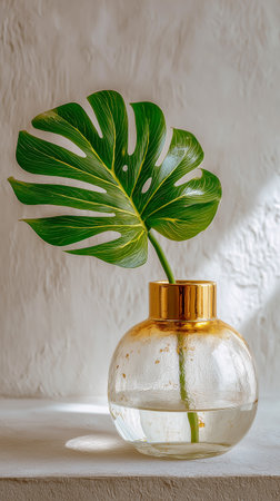 A fresh monstera leaf stands upright in a clear glass vase filled with water, showing its vibrant green color against a soft, illuminated wall, creating a serene atmosphere.の素材