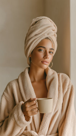 A young woman with a towel on her head enjoys a warm cup while wearing a soft robe. Natural light enters the room, creating a calm and serene atmosphere.の素材