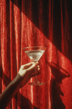 A hand holds a crystal cocktail glass near rich red curtains. Soft shadows and light create a striking contrast, capturing a moment of relaxation and enjoyment.の素材