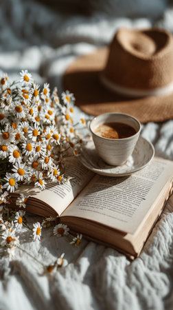 Morning routine features a cozy scene with an open book, a cup of coffee, and a bouquet of daisies on a textured blanket. A straw hat adds a touch of charm to the setting.の素材