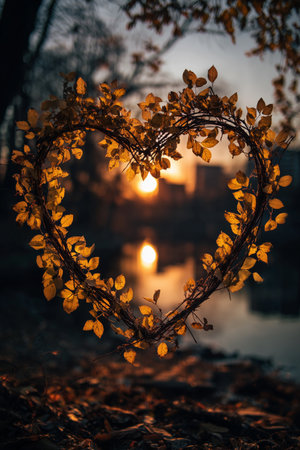 A heart-shaped arrangement of yellow and orange leaves frames a beautiful sunset by a peaceful lake. The sun casts a warm glow on the water, creating a serene atmosphere.の素材