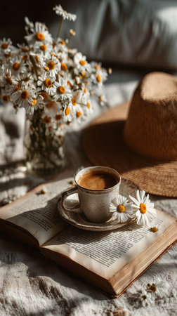 Morning routine features a cozy scene with an open book, a cup of coffee, and a bouquet of daisies on a textured blanket. A straw hat adds a touch of charm to the setting.の素材