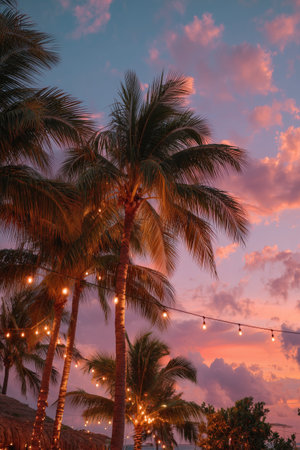 Palm trees stand tall with decorative lights against a stunning sunset. Soft pink and purple hues fill the sky as the beach offers a serene atmosphere in a tropical setting.の素材