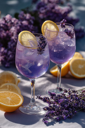 Two clear glasses filled with lavender lemonade sit on a table, garnished with lemon slices and lavender. Fresh lemons and sprigs of lavender add a vibrant touch to the scene.の素材
