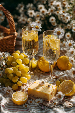 Two glasses of sparkling drink with lemon slices sit beside fresh grapes, cheese, and lemon on a blanket amid blooming flowers in a sunlit garden.の素材