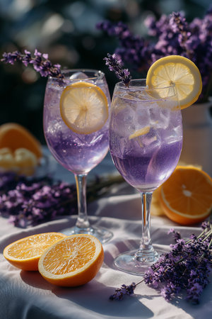Two tall glasses filled with purple lemonade sit on a table, garnished with lemon slices and lavender. Fresh oranges and lavender flowers add color to the setting.の素材