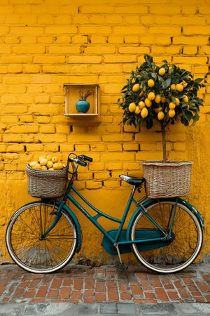 A vintage bicycle rests beside a bright yellow wall, featuring two wicker baskets filled with lemons. A small tree with lemons adds charm to the scene, creating a lively atmosphere.の素材