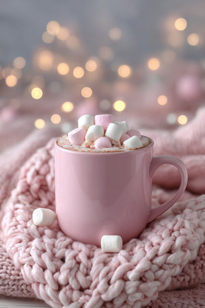 A cozy pink mug filled with hot chocolate sits atop a soft, knitted blanket. Marshmallows top the drink, surrounded by warm, glowing lights in the background.の素材