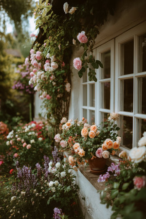 In a peaceful garden, vibrant roses in different shades surround a charming cottage. The sunlight illuminates the flowers, creating a warm atmosphere on a beautiful afternoon.の素材