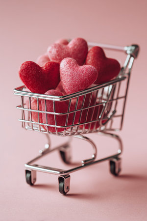 A small shopping cart filled with shiny red and pastel pink heart-shaped decorations sits against a soft pink backdrop. Ideal for Valentines Day themes and celebrations.の素材