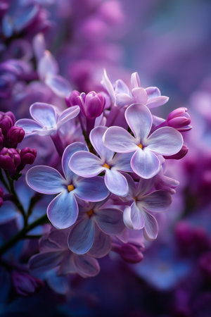 Clusters of delicate lilac flowers showcase their vibrant purple hues, filling the air with fragrance in a tranquil garden during spring. Nature thrives with colors and life.の素材